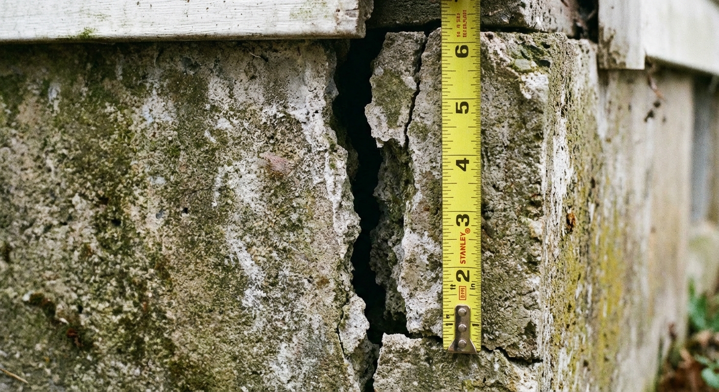 Close-up of foundation crack being measured during inspection